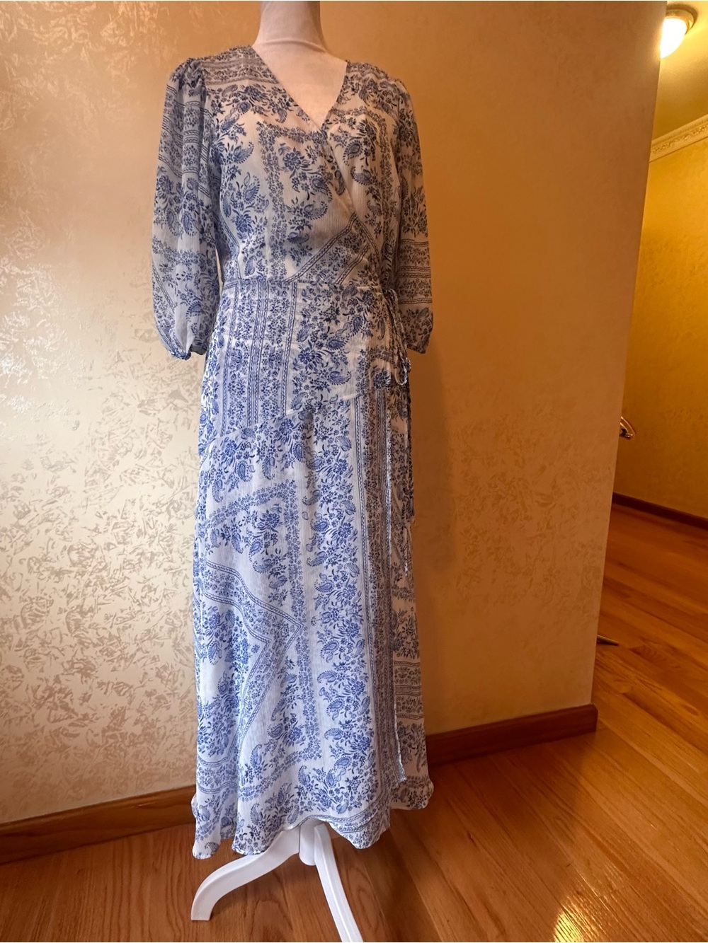 Blue and White Printed V-Neck Wrap Dress